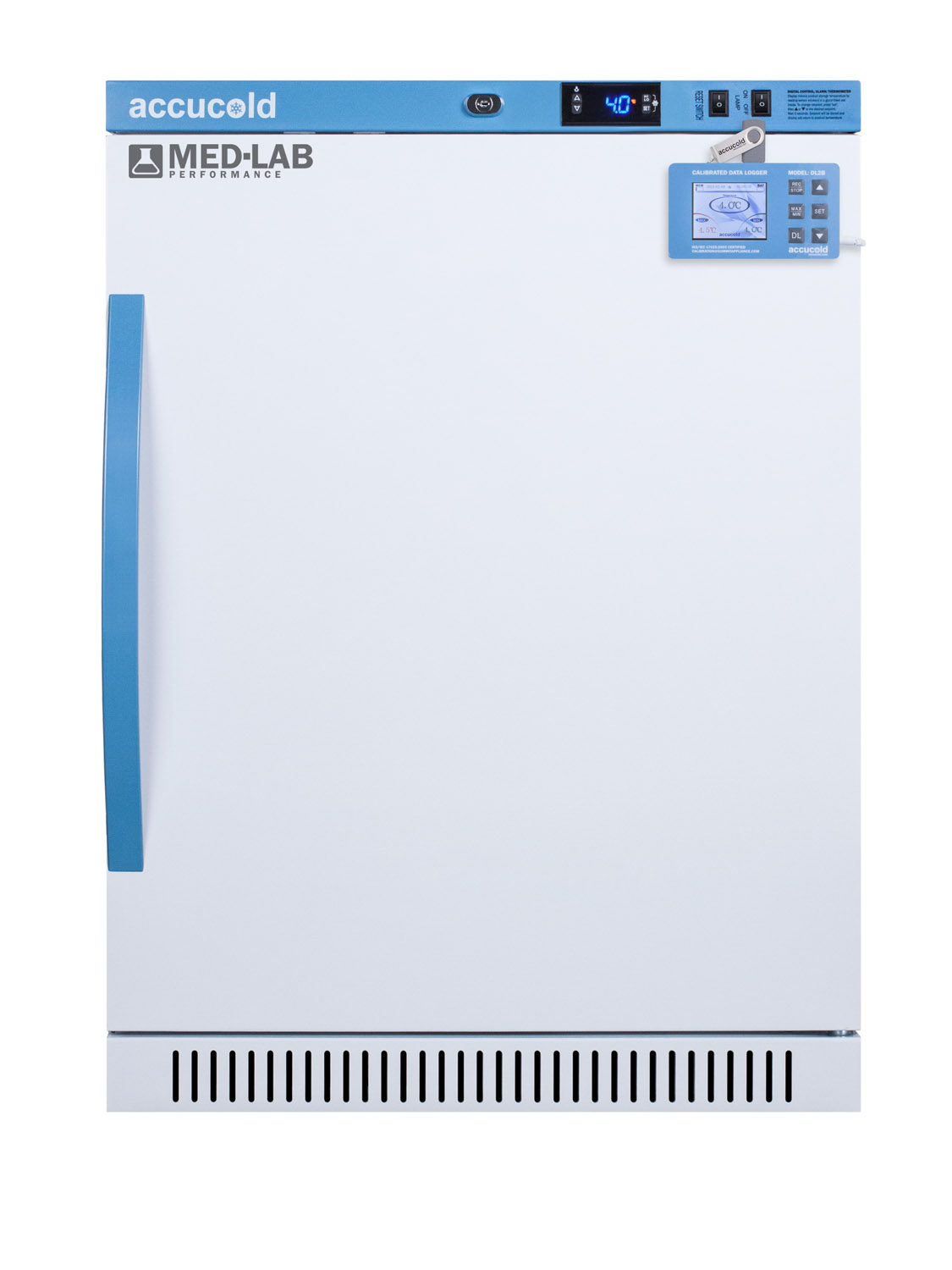 Performance series Med-Lab 6 cu.ft. freestanding ADA height all-refrigerator for laboratory storage with factory-installed data logger, antimicrobial silver-ion handle, and hospital grade cord with 'green dot' plug
